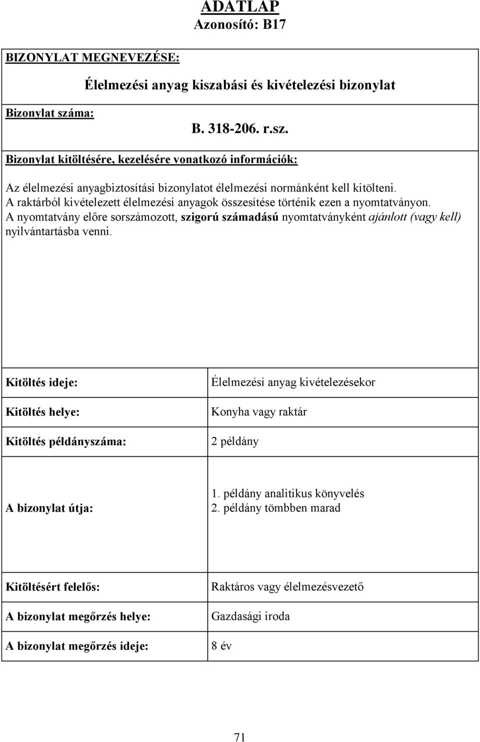 A raktárból kivételezett élelmezési anyagok összesítése történik ezen a nyomtatványon. A nyomtatvány előre sorszámozott, szigorú számadású nyomtatványként ajánlott (vagy kell) nyilvántartásba venni.