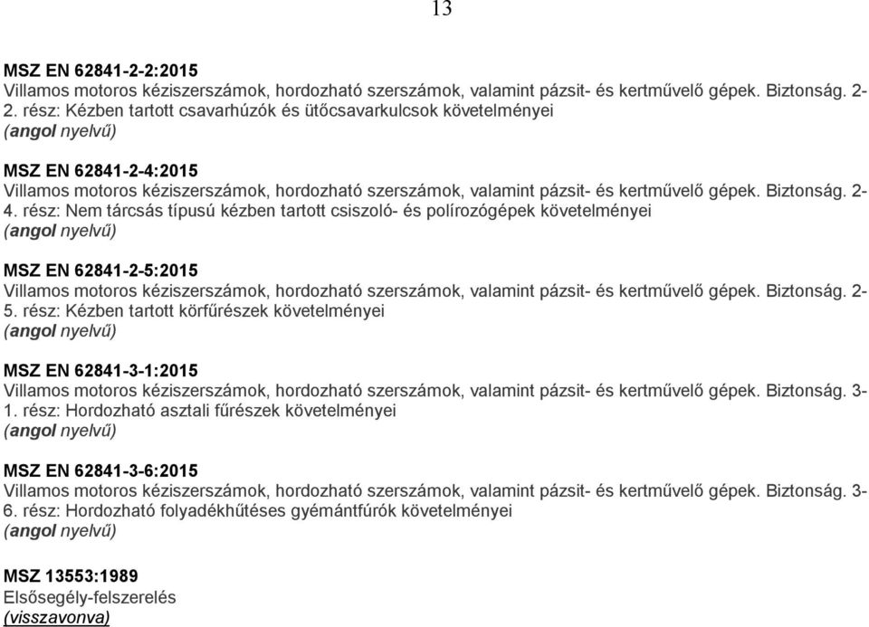 rész: Nem tárcsás típusú kézben tartott csiszoló- és polírozógépek követelményei MSZ EN 62841-2-5:2015 Villamos motoros kéziszerszámok, hordozható szerszámok, valamint pázsit- és kertművelő gépek.