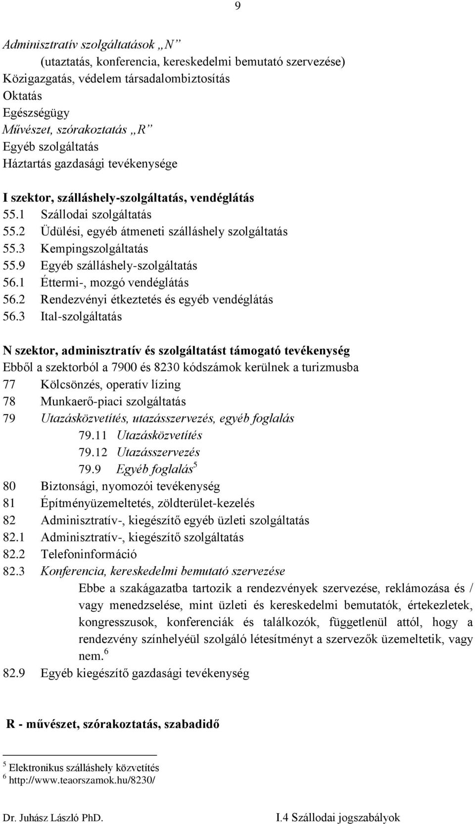 3 Kempingszolgáltatás 55.9 Egyéb szálláshely-szolgáltatás 56.1 Éttermi-, mozgó vendéglátás 56.2 Rendezvényi étkeztetés és egyéb vendéglátás 56.