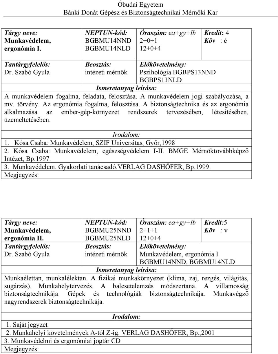 A biztonságtechnika és az ergonómia alkalmazása az ember-gép-környezet rendszerek tervezésében, létesítésében, üzemeltetésében. 1. Kósa Csaba: Munkavédelem, SZIF Universitas, Győr,1998 2.