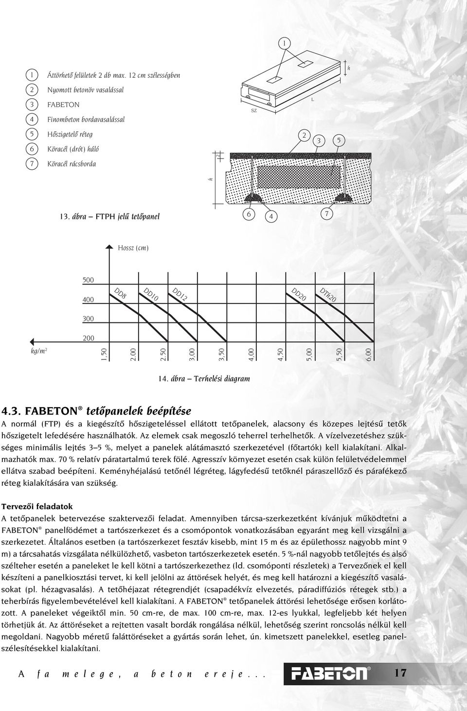 0 00 kg/m 1,50.00.50 3,00 3,50 4,00 4,50 5,00 5,50 6,00 14. ábra Terhelési diagram 4.3. FABETON tetôpanelek beépítése A normál (FTP) és a kiegészítô hôszigeteléssel ellátott tetôpanelek, alacsony és közepes lejtésû tetôk hôszigetelt lefedésére használhatók.