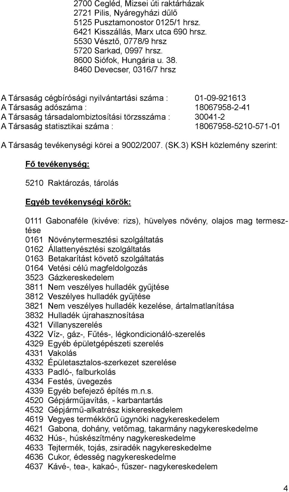 8460 Devecser, 0316/7 hrsz A Társaság cégbírósági nyilvántartási száma : 01-09-921613 A Társaság adószáma : 18067958-2-41 A Társaság társadalombiztosítási törzsszáma : 30041-2 A Társaság statisztikai