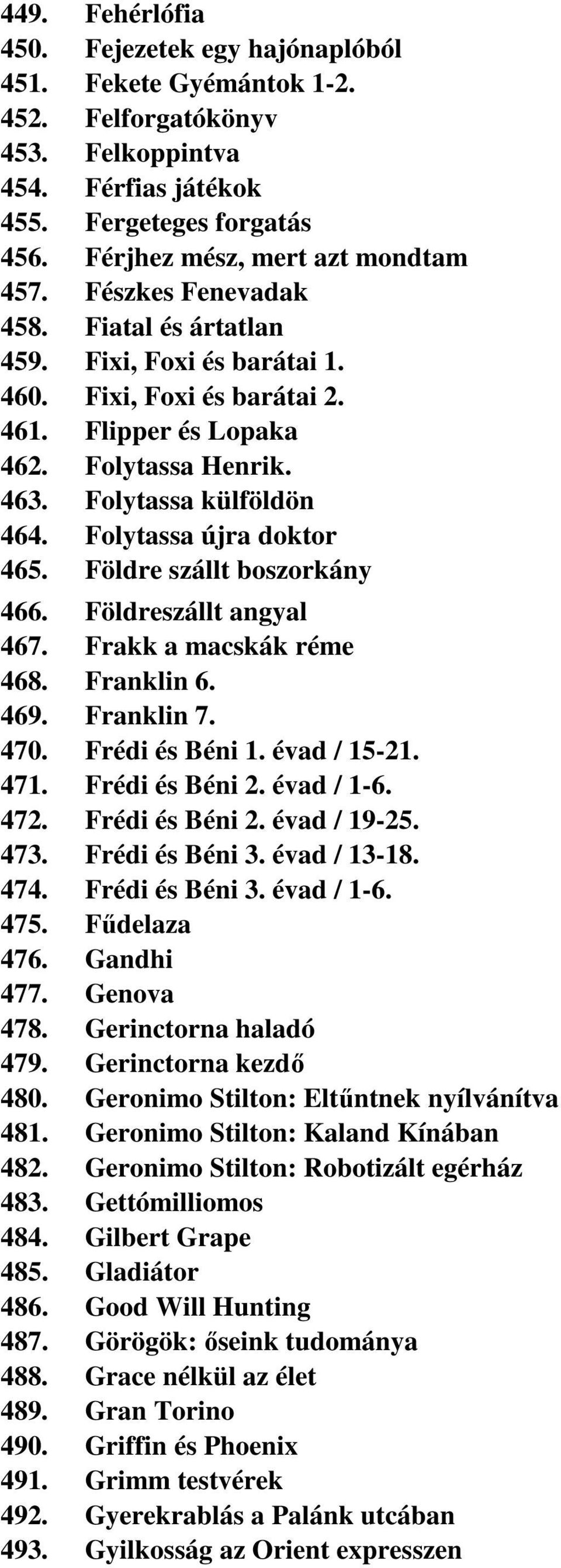 Folytassa újra doktor 465. Földre szállt boszorkány 466. Földreszállt angyal 467. Frakk a macskák réme 468. Franklin 6. 469. Franklin 7. 470. Frédi és Béni 1. évad / 15-21. 471. Frédi és Béni 2.