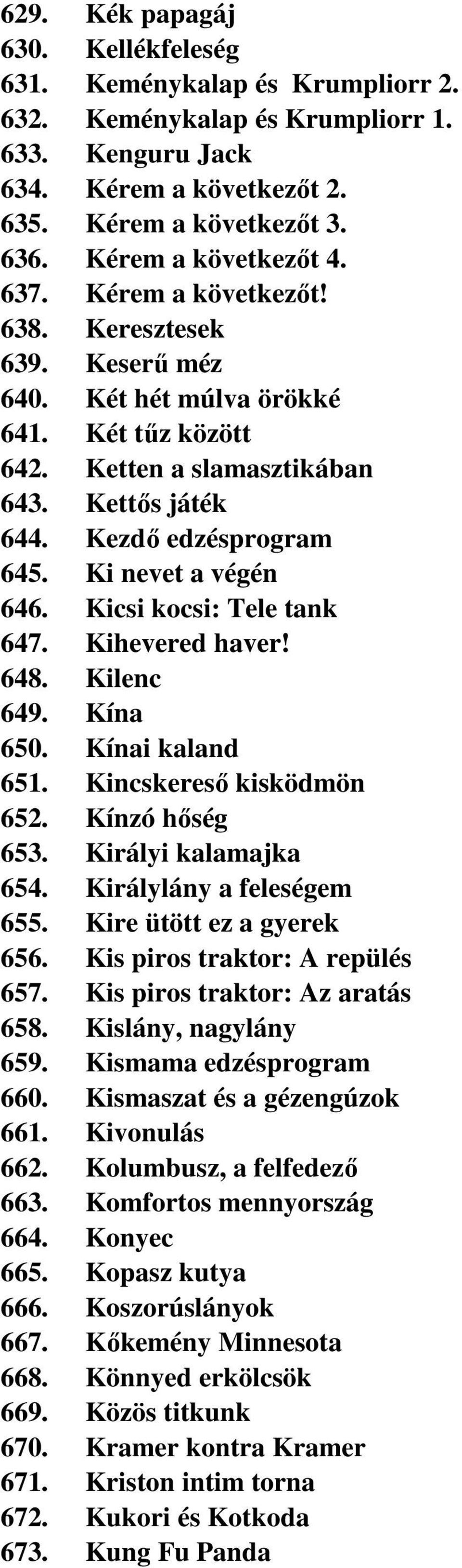 Kezdő edzésprogram 645. Ki nevet a végén 646. Kicsi kocsi: Tele tank 647. Kihevered haver! 648. Kilenc 649. Kína 650. Kínai kaland 651. Kincskereső kisködmön 652. Kínzó hőség 653.