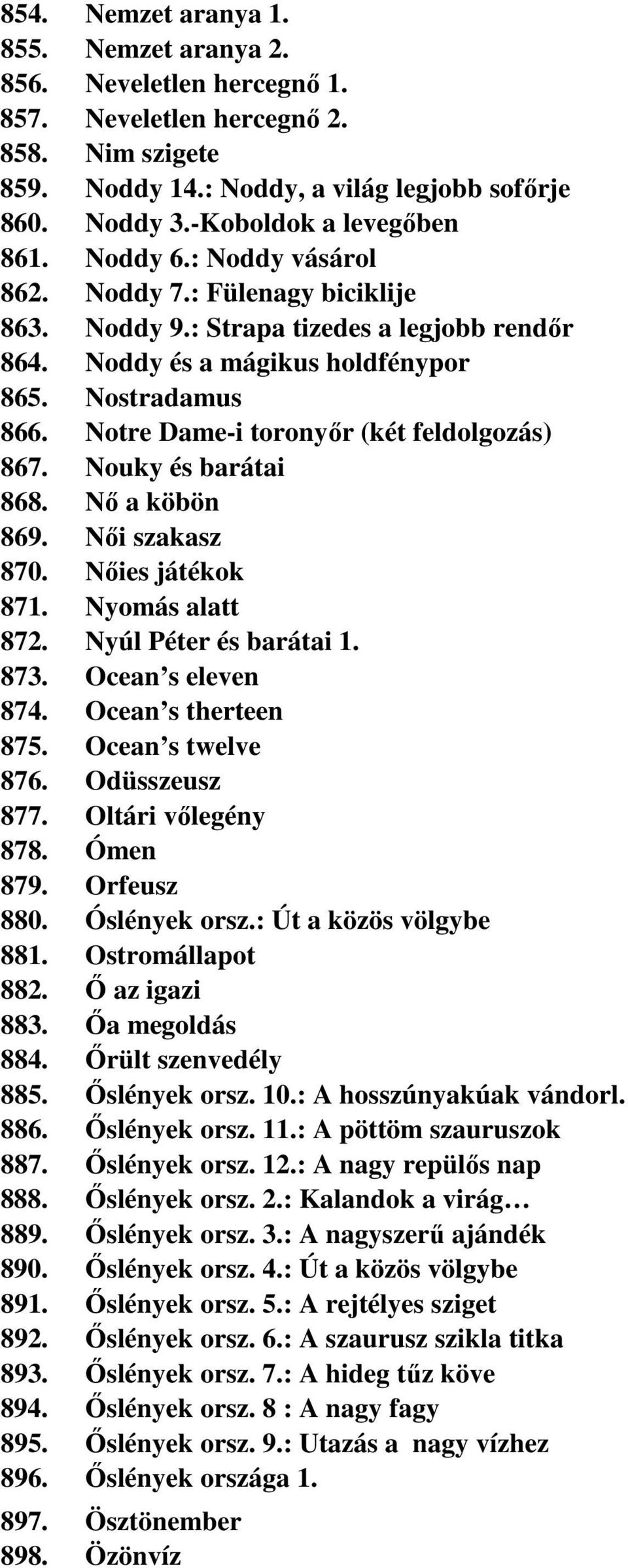 Notre Dame-i toronyőr (két feldolgozás) 867. Nouky és barátai 868. Nő a köbön 869. Női szakasz 870. Nőies játékok 871. Nyomás alatt 872. Nyúl Péter és barátai 1. 873. Ocean s eleven 874.