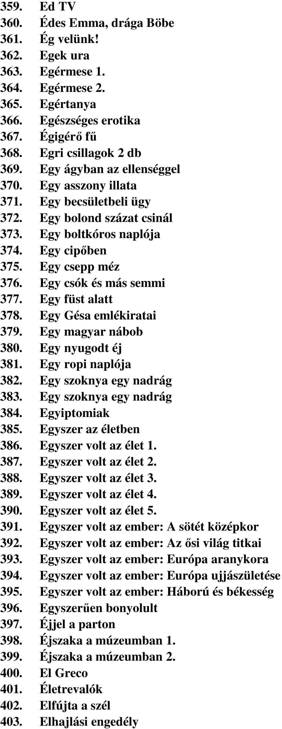 Egy füst alatt 378. Egy Gésa emlékiratai 379. Egy magyar nábob 380. Egy nyugodt éj 381. Egy ropi naplója 382. Egy szoknya egy nadrág 383. Egy szoknya egy nadrág 384. Egyiptomiak 385.