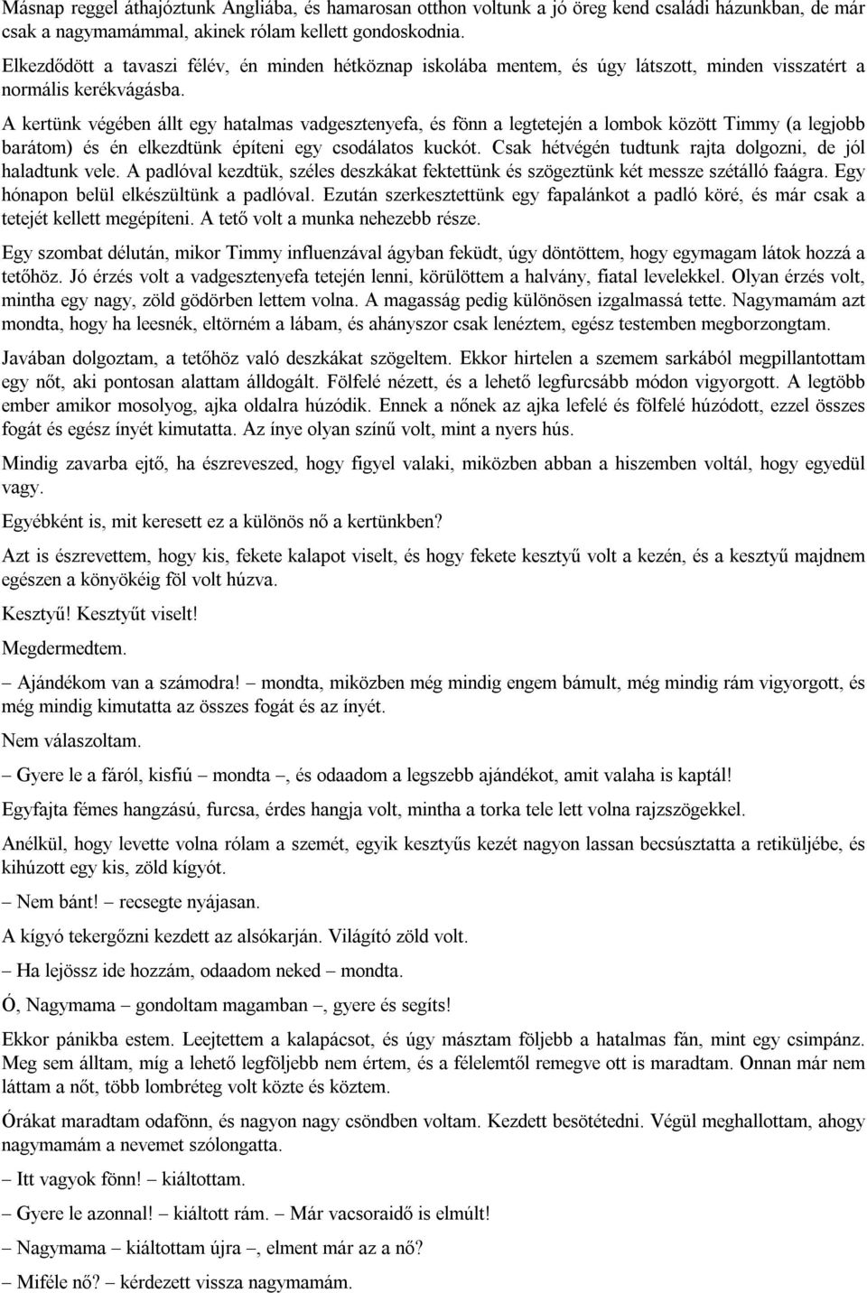 A kertünk végében állt egy hatalmas vadgesztenyefa, és fönn a legtetején a lombok között Timmy (a legjobb barátom) és én elkezdtünk építeni egy csodálatos kuckót.