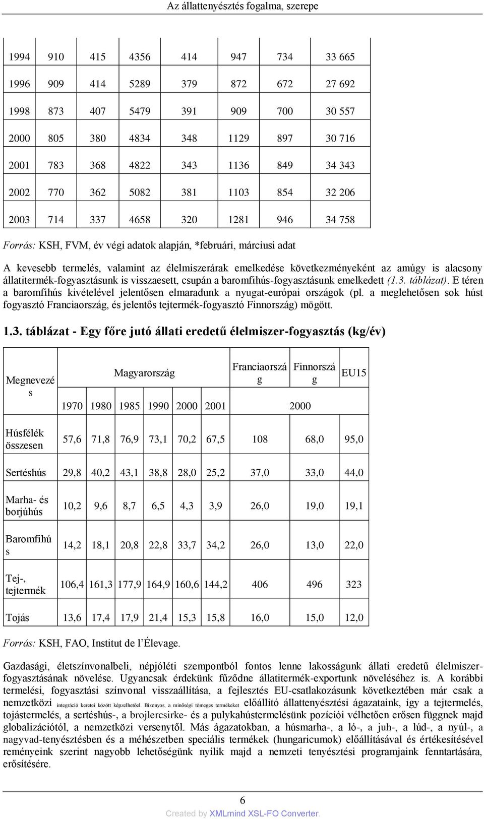 az élelmiszerárak emelkedése következményeként az amúgy is alacsony állatitermék-fogyasztásunk is visszaesett, csupán a baromfihús-fogyasztásunk emelkedett (1.3. táblázat).