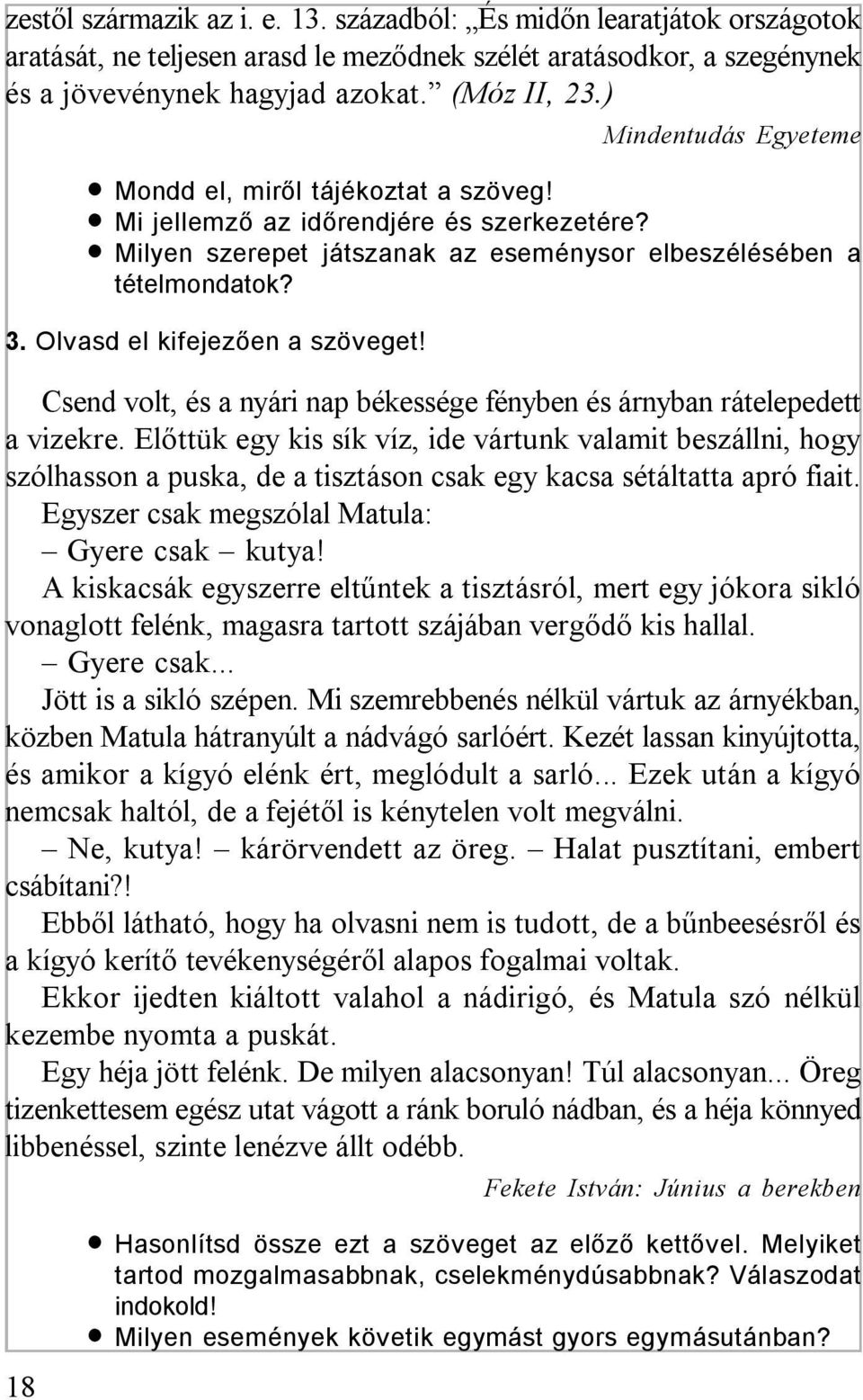 Olvasd el kifejezően a szöveget! Csend volt, és a nyári nap békessége fényben és árnyban rátelepedett a vizekre.