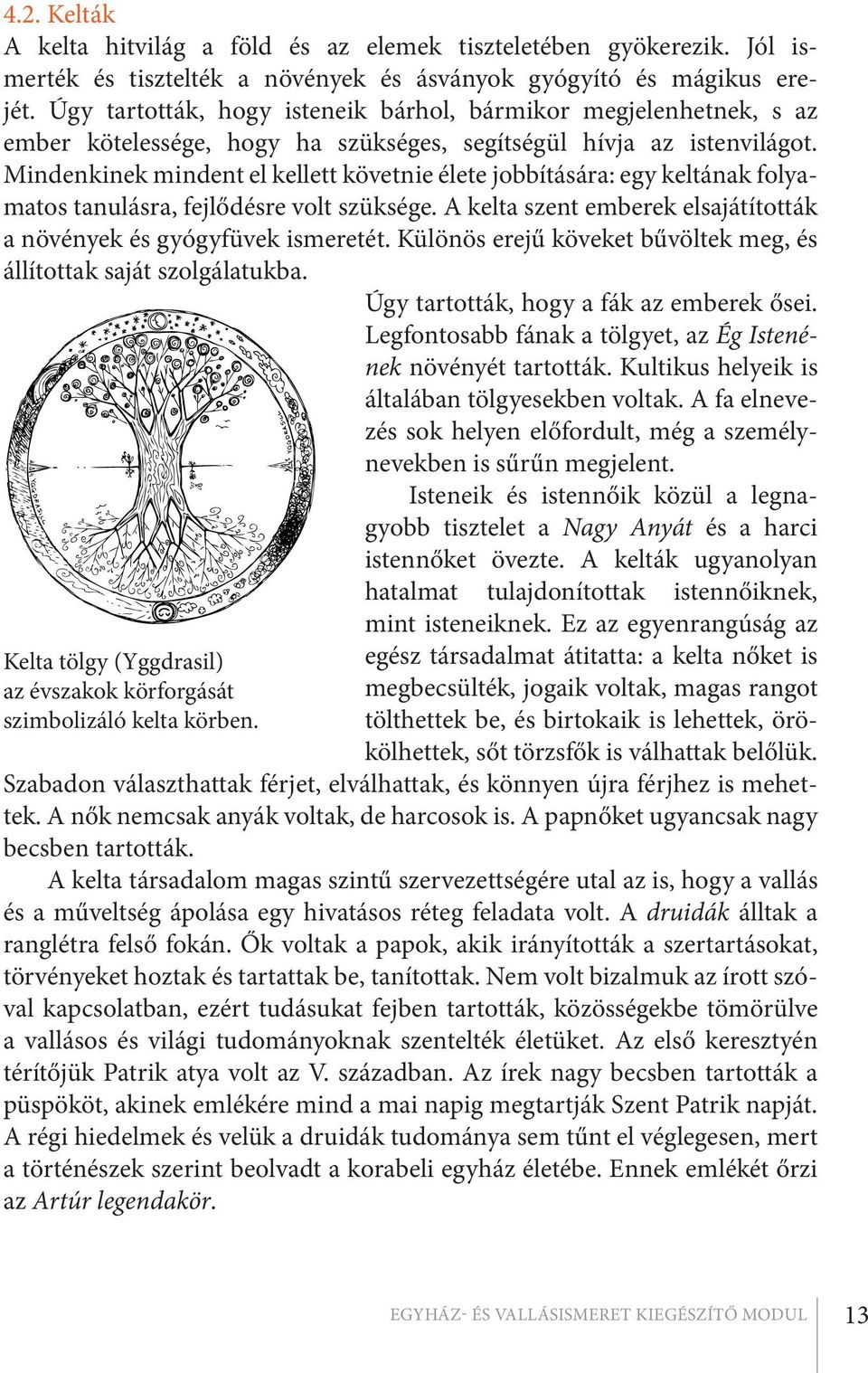 Mindenkinek mindent el kellett követnie élete jobbítására: egy keltának folyamatos tanulásra, fejlődésre volt szüksége. A kelta szent emberek elsajátították a növények és gyógyfüvek ismeretét.