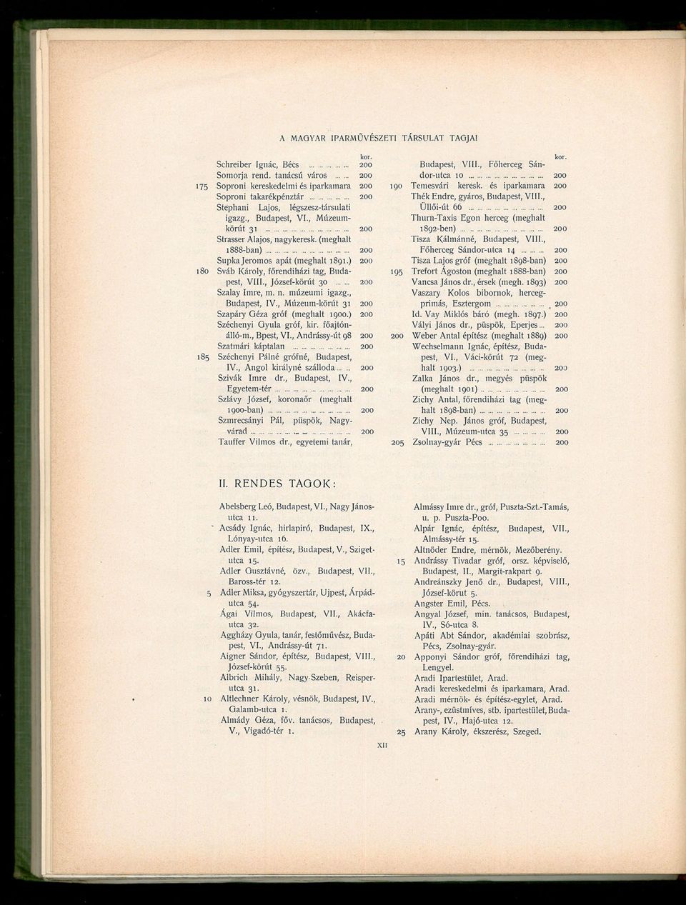n. múzeumi igazg., Budapest, IV., Múzeum-kőrút 31 200 Szapáry Géza gróf (meghalt 1900.) 200 Széchenyi Gyula gróf, kir. főajtónálló-m., Bpest, VI.