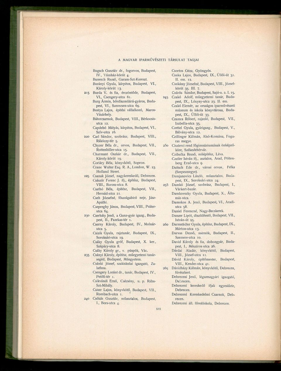 Capdebó Mátyás, kárpitos, Budapest, VI., Szív-utca 16. 220 Carl Sándor, szobrász, Budapest, VIII., Rákóczy-tér 5. Chyzer Béla dr., orvos, Budapest, VII., Rottenbiller-utca 15. Charmant Oszkár dr.