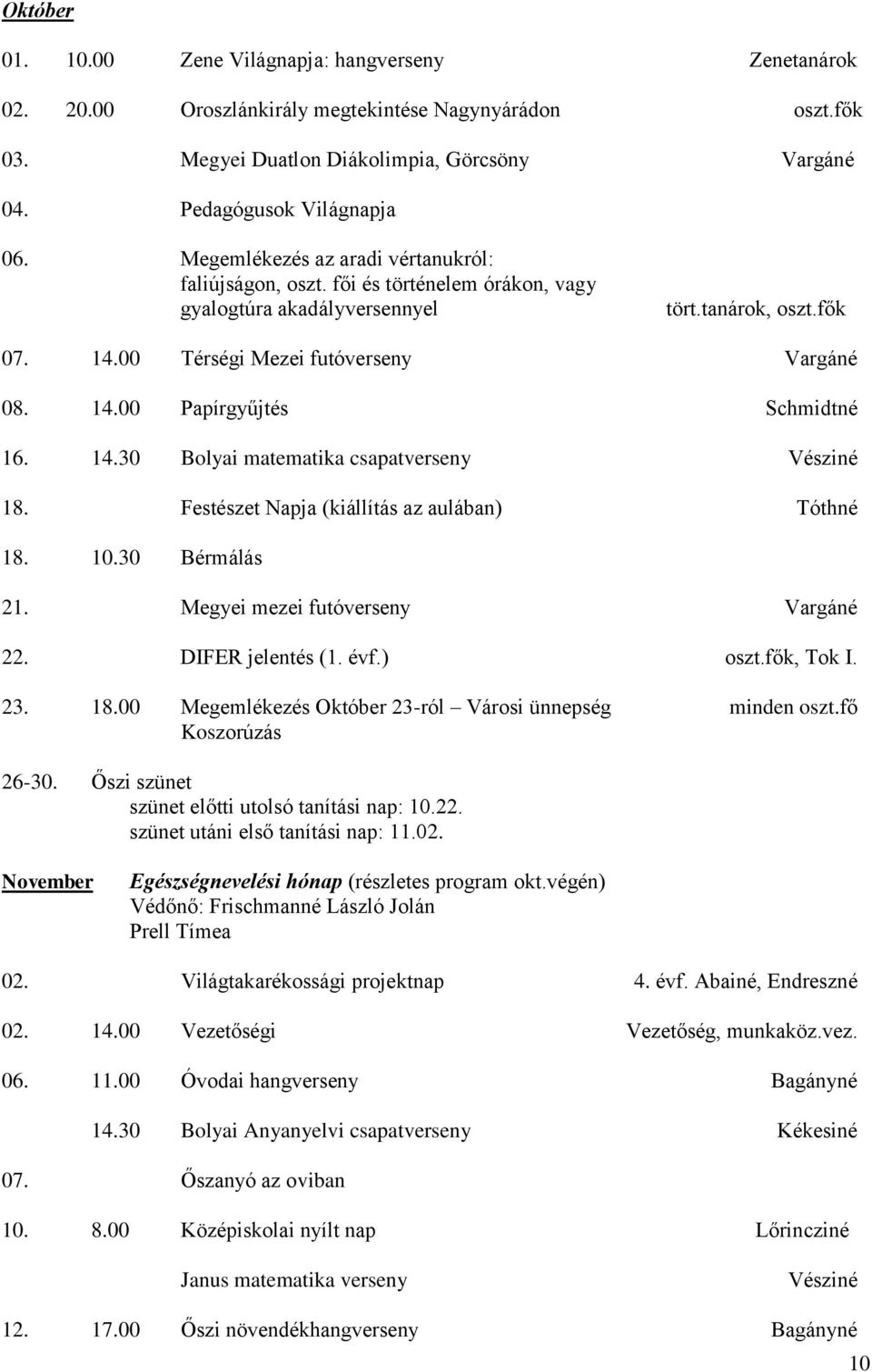 14.30 Bolyai matematika csapatverseny Vésziné 18. Festészet Napja (kiállítás az aulában) Tóthné 18. 10.30 Bérmálás 21. Megyei mezei futóverseny Vargáné 22. DIFER jelentés (1. évf.) oszt.fők, Tok I.