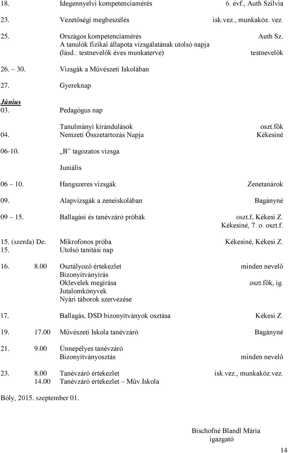 Pedagógus nap Tanulmányi kirándulások oszt.fők 04. Nemzeti Összetartozás Napja Kékesiné 06-10. B tagozatos vizsga Juniális 06 10. Hangszeres vizsgák Zenetanárok 09.