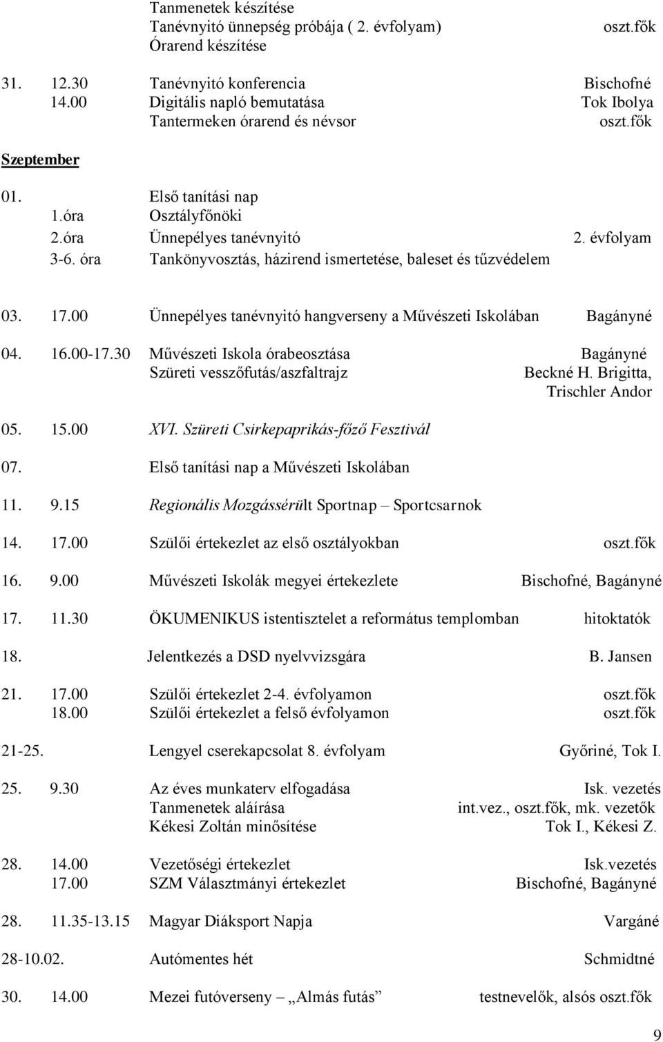 óra Tankönyvosztás, házirend ismertetése, baleset és tűzvédelem 03. 17.00 Ünnepélyes tanévnyitó hangverseny a Művészeti Iskolában Bagányné 04. 16.00-17.