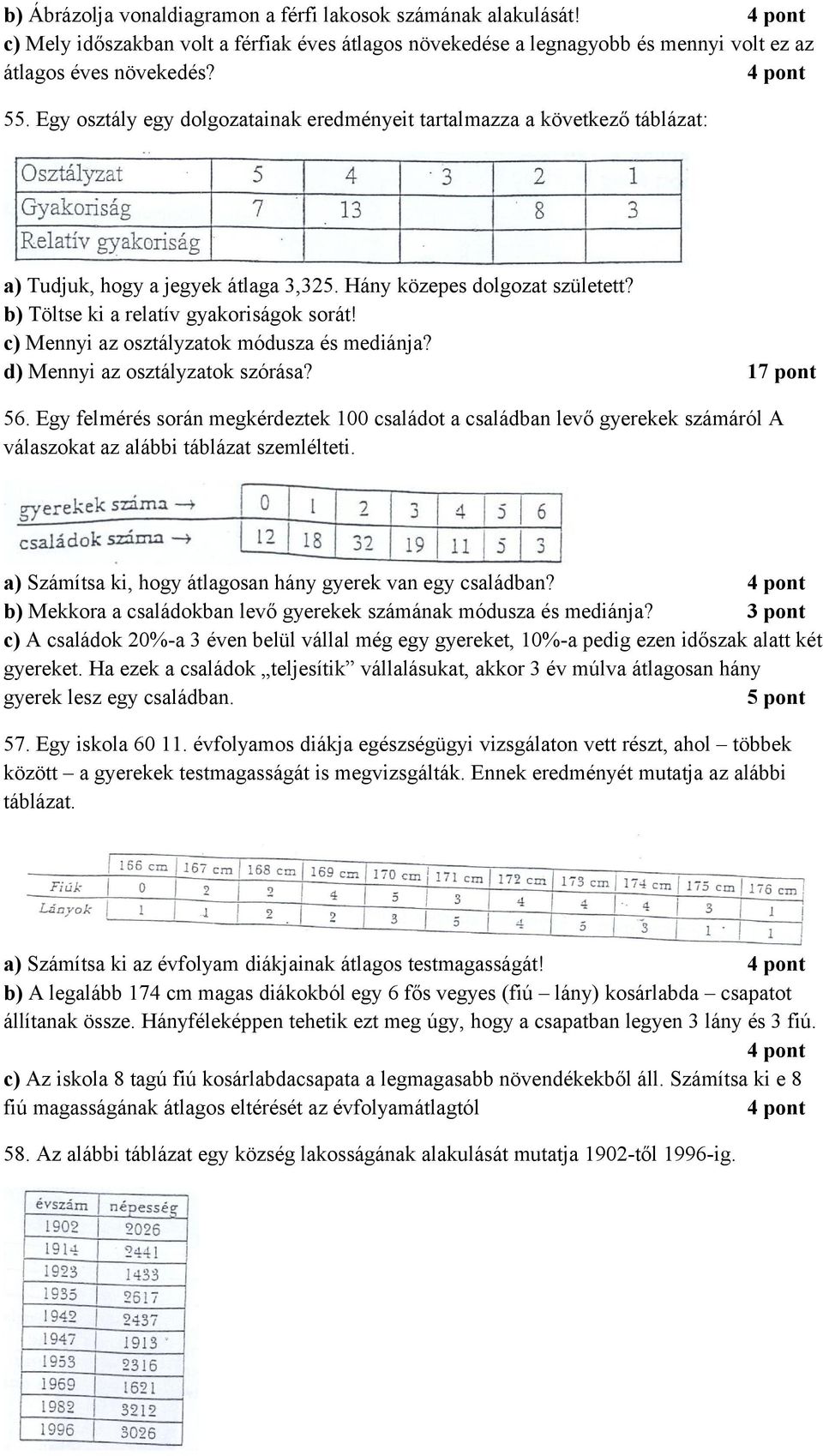 c) Mennyi az osztályzatok módusza és mediánja? d) Mennyi az osztályzatok szórása? 17 pont 56.