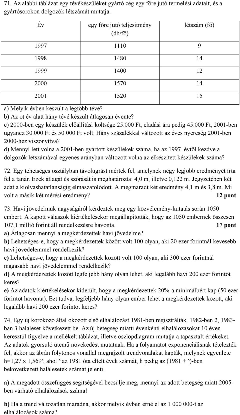 b) Az öt év alatt hány tévé készült átlagosan évente? c) 2000-ben egy készülék előállítási költsége 25.000 Ft, eladási ára pedig 45.000 Ft, 2001-ben ugyanez 30.000 Ft és 50.000 Ft volt.