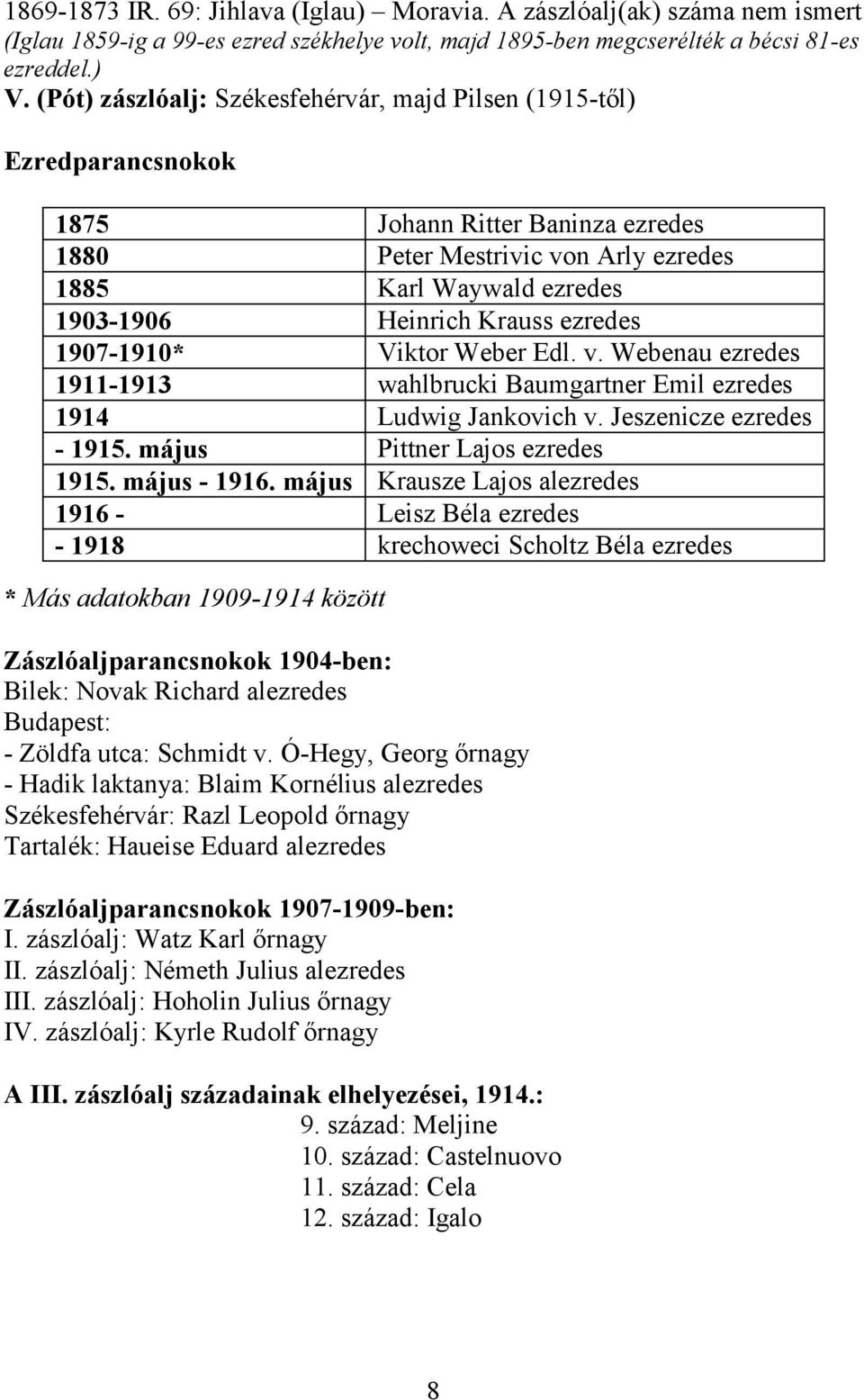 május 1916-1918 Johann Ritter Baninza ezredes Peter Mestrivic von Arly ezredes Karl Waywald ezredes Heinrich Krauss ezredes Viktor Weber Edl. v. Webenau ezredes wahlbrucki Baumgartner Emil ezredes Ludwig Jankovich v.