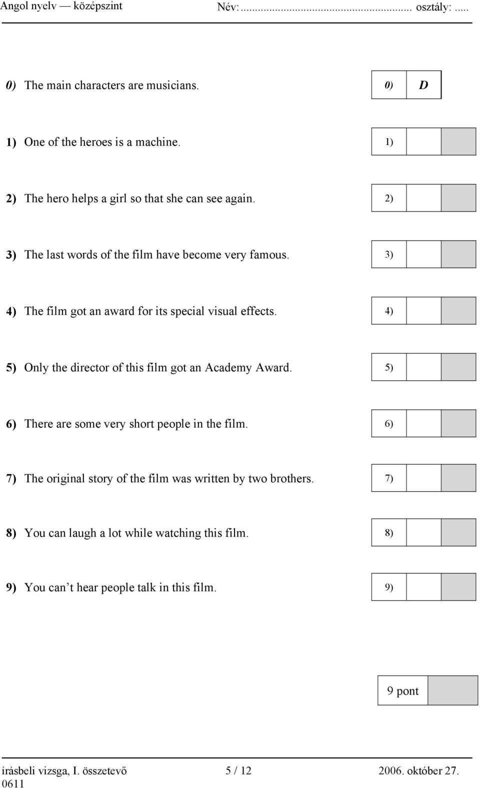 3) 4) The film got an award for its special visual effects. 4) 5) Only the director of this film got an Academy Award.