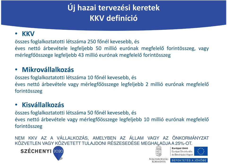 mérlegfőösszege legfeljebb 2 millió eurónak megfelelő forintösszeg Kisvállalkozás összes foglalkoztatotti létszáma 50 főnél kevesebb, és éves nettó árbevétele vagy