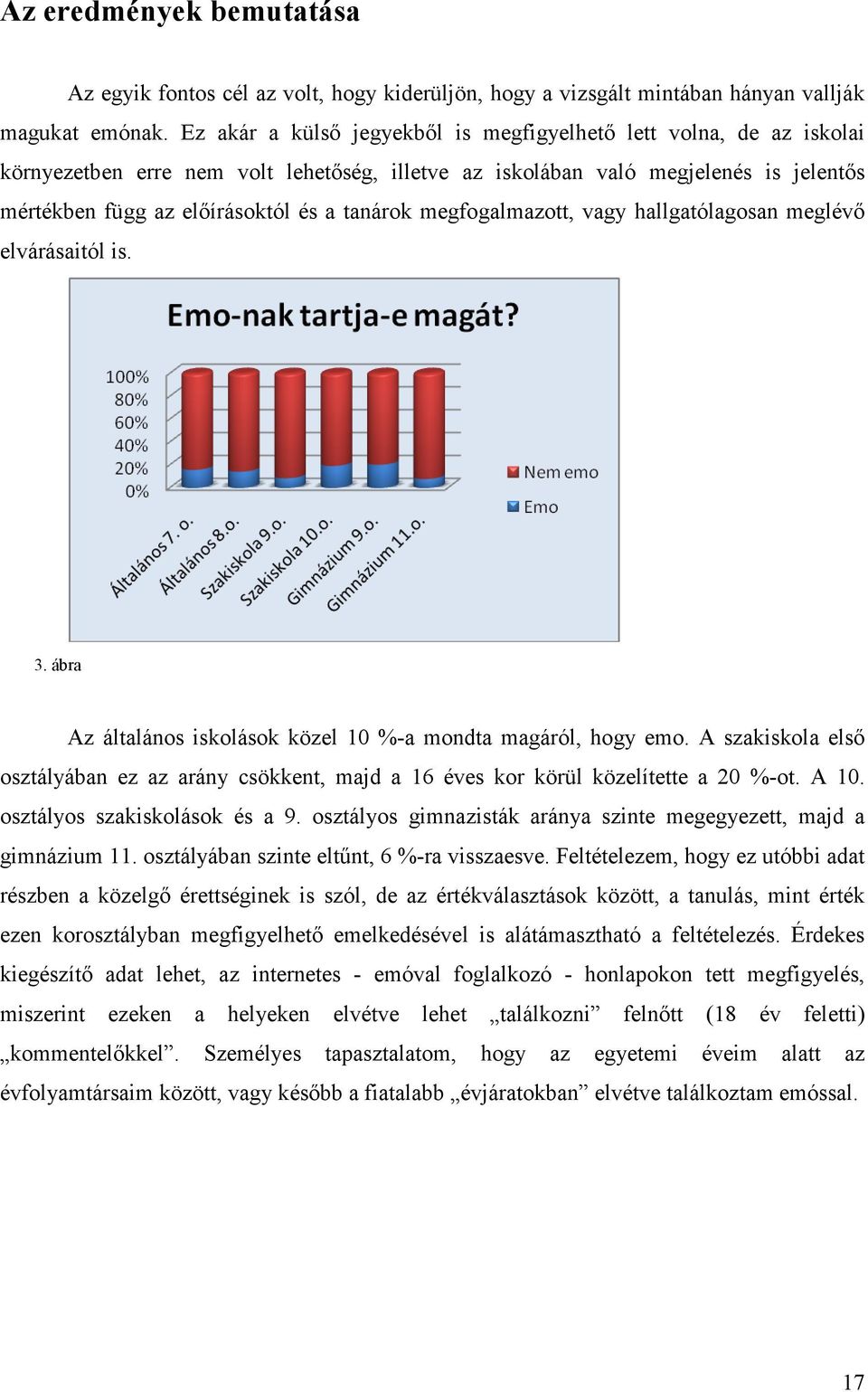 megfogalmazott, vagy hallgatólagosan meglévő elvárásaitól is. 3. ábra Az általános iskolások közel 10 %-a mondta magáról, hogy emo.