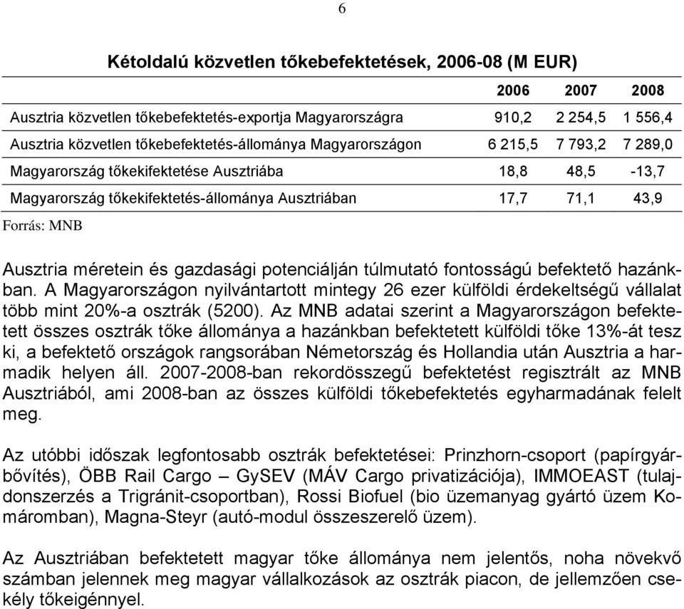 gazdasági potenciálján túlmutató fontosságú befektető hazánkban. A Magyarországon nyilvántartott mintegy 26 ezer külföldi érdekeltségű vállalat több mint 20%-a osztrák (5200).