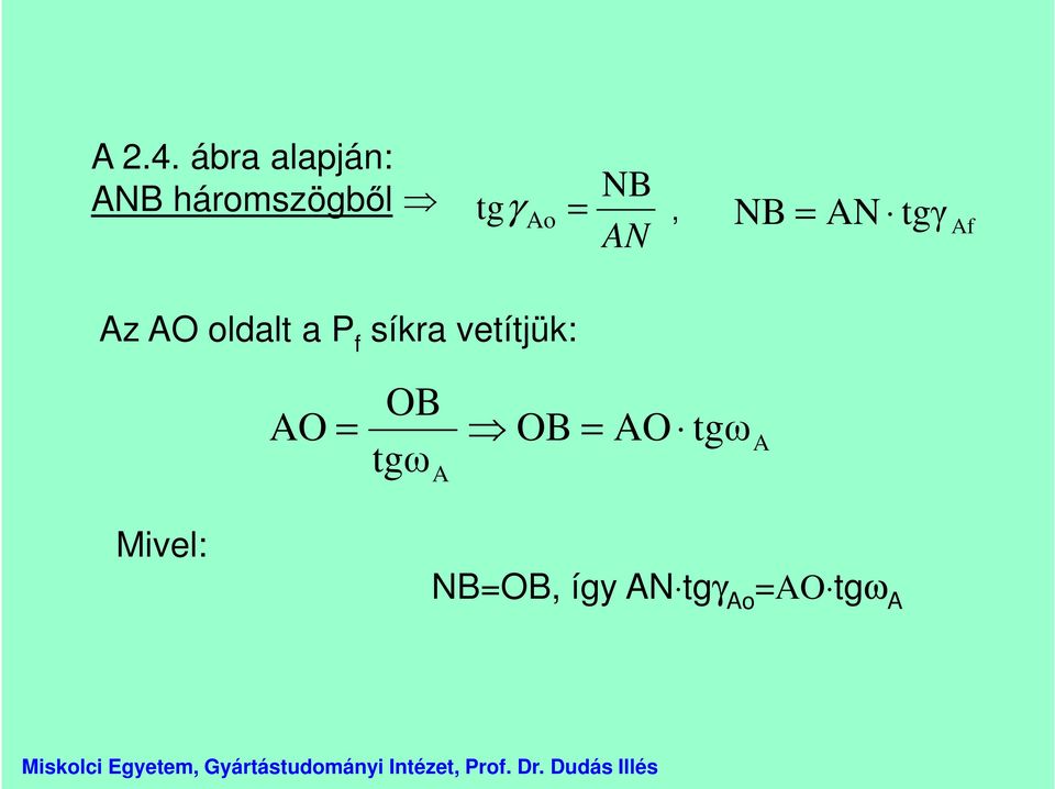 AN γ, NB = AN tgγ Af Az AO oldalt a P f