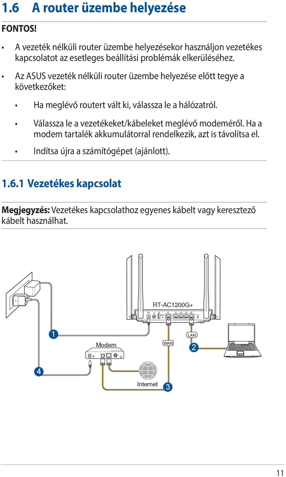 Az ASUS vezeték nélküli router üzembe helyezése előtt tegye a következőket: Ha meglévő routert vált ki, válassza le a hálózatról.