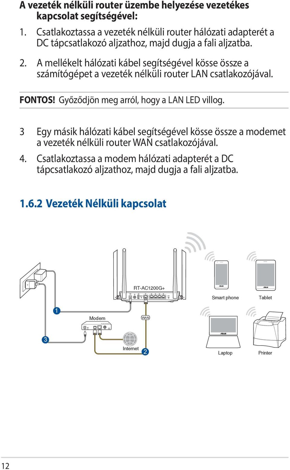 A mellékelt hálózati kábel segítségével kösse össze a számítógépet a vezeték nélküli router LAN csatlakozójával. FONTOS! Győződjön meg arról, hogy a LAN LED villog.