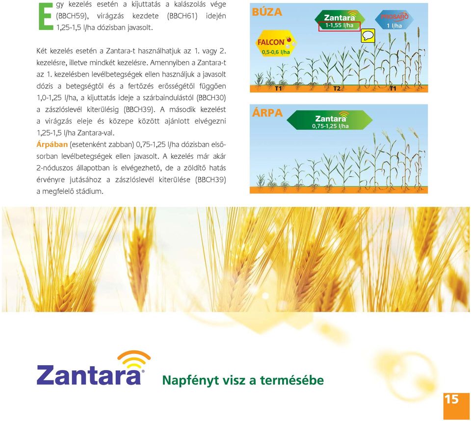 kezelésben levélbetegségek ellen használjuk a javasolt dózis a betegségtõl és a fertõzés erõsségétõl függõen 1,0-1,25 l/ha, a kijuttatás ideje a szárbaindulástól (BBCH30) a zászlóslevél kiterülésig