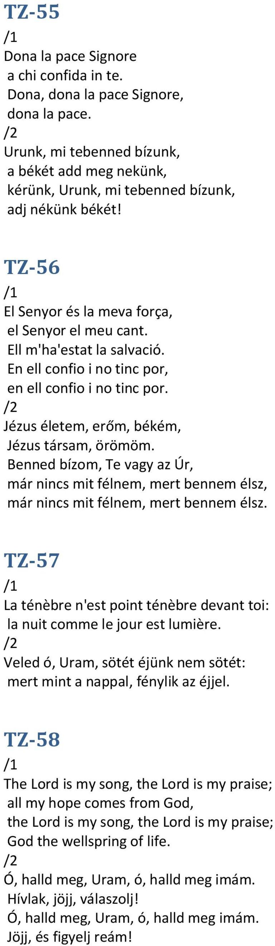 Benned bízom, Te vagy az Úr, már nincs mit félnem, mert bennem élsz, már nincs mit félnem, mert bennem élsz. TZ-57 La ténèbre n'est point ténèbre devant toi: la nuit comme le jour est lumière.