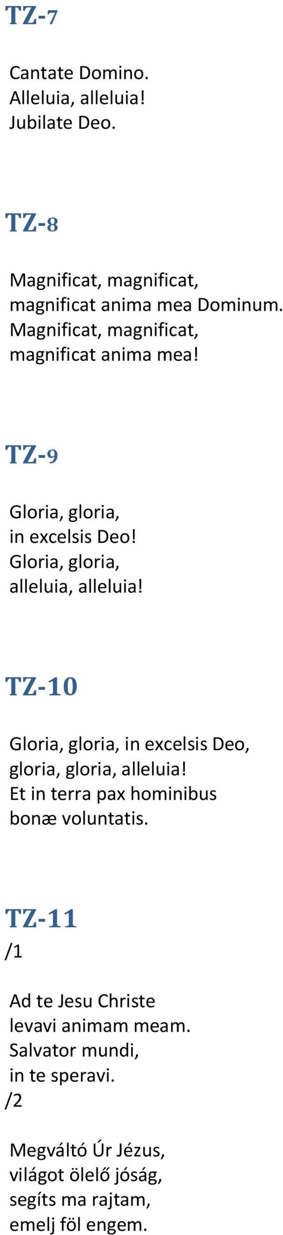 TZ-10 Gloria, gloria, in excelsis Deo, gloria, gloria, alleluia! Et in terra pax hominibus bonæ voluntatis.