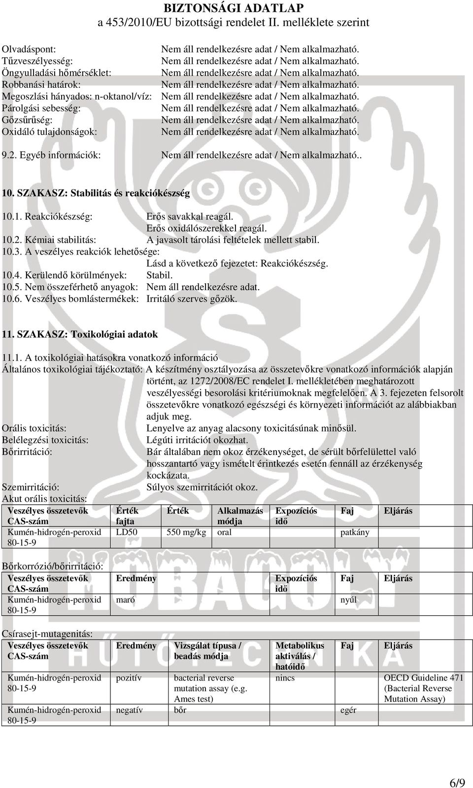 Kémiai stabilitás: A javasolt tárolási feltételek mellett stabil. 10.3. A veszélyes reakciók lehetősége: Lásd a következő fejezetet: Reakciókészség. 10.4. Kerülendő körülmények: Stabil. 10.5.