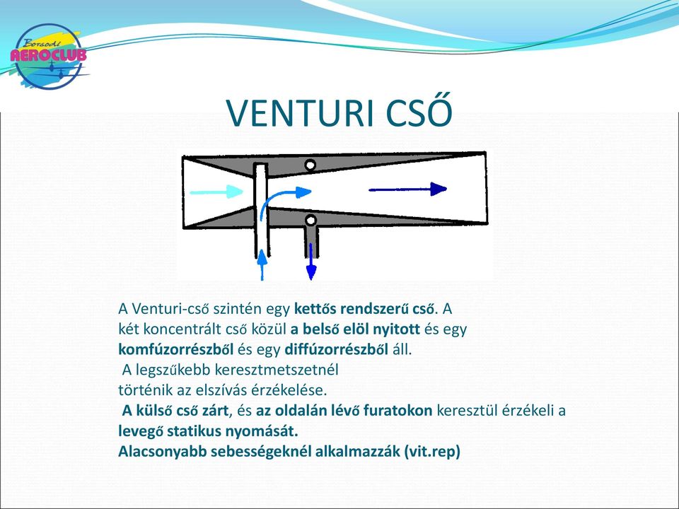 diffúzorrészből áll. A legszűkebb keresztmetszetnél történik az elszívás érzékelése.