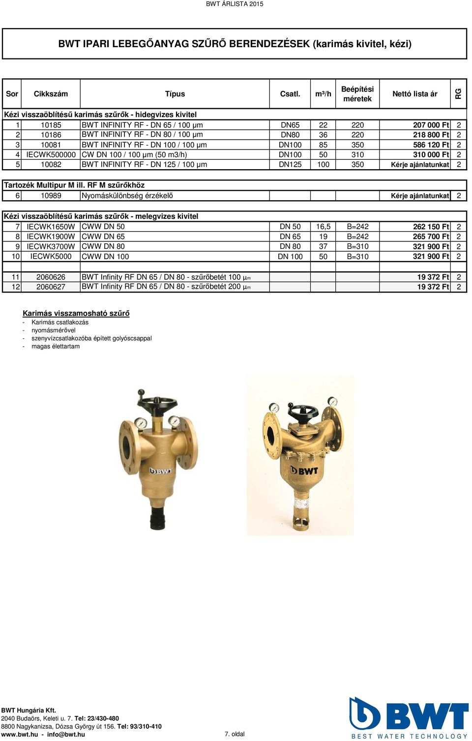 218 800 Ft 2 3 10081 BWT INFINITY RF - DN 100 / 100 µm DN100 85 350 586 120 Ft 2 4 IECWK500000 CW DN 100 / 100 µm (50 m3/h) DN100 50 310 310 000 Ft 2 5 10082 BWT INFINITY RF - DN 125 / 100 µm DN125