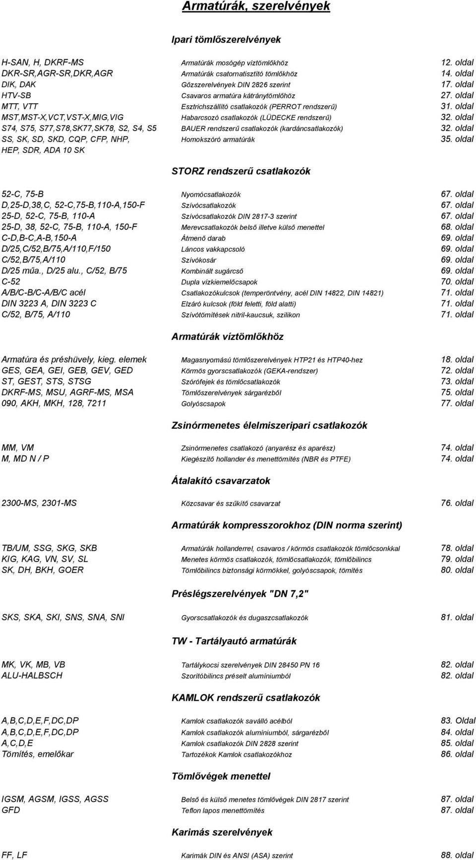 oldal MST,MST-X,VCT,VST-X,MIG,VIG Habarcsozó csatlakozók (LÜDECKE rendszerű) 32. oldal S74, S75, S77,S78,SK77,SK78, S2, S4, S5 BAUER rendszerű csatlakozók (kardáncsatlakozók) 32.