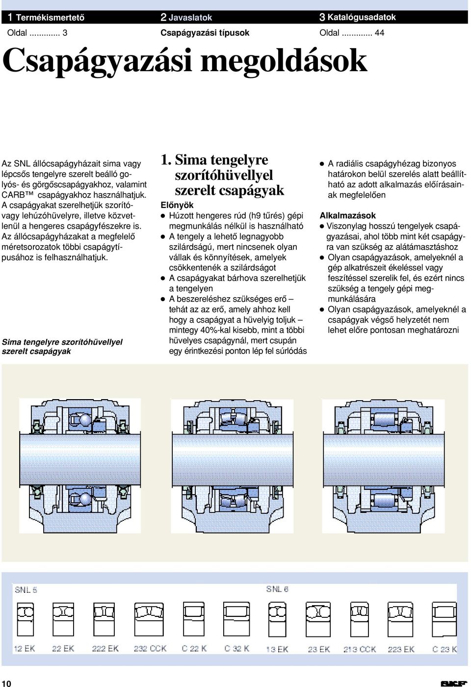 A csapágyakat szerelhetjük szorítóvagy lehúzóhüvelyre, illetve közvetlenül a hengeres csapágyfészekre is. Az állócsapágyházakat a megfelelœ méretsorozatok többi csapágytípusához is felhasználhatjuk.