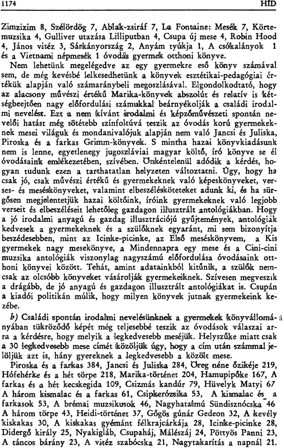 Nem lehetünk megelégedve az egy gyermekre eső könyv számával sem, de még kevésbé lelkesedhetünk a könyvek esztétikai-pedagógiai értékük alapján való számaránybeli megoszlásával.