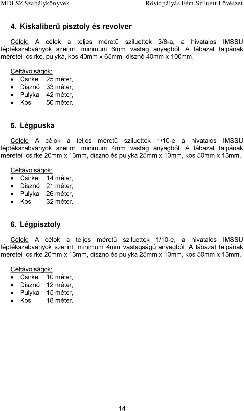 méter. 5. Légpuska Célok: A célok a teljes méretű sziluettek 1/10-e a hivatalos IMSSU léptékszabványok szerint, minimum 4mm vastag anyagból.