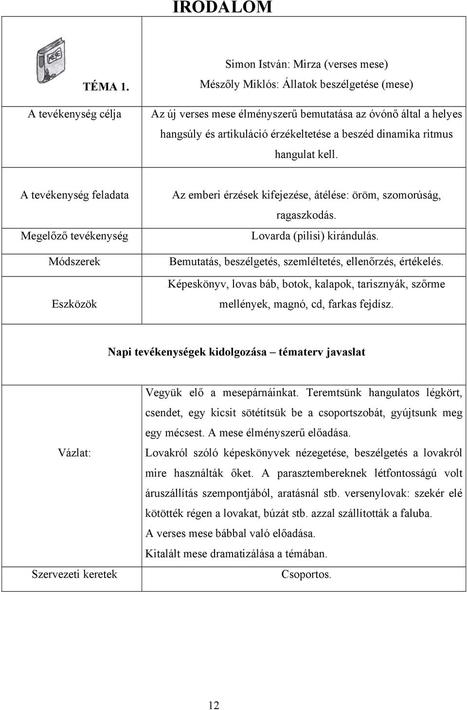 érzékeltetése a beszéd dinamika ritmus hangulat kell. A tevékenység feladata Megelőző tevékenység Módszerek Eszközök Az emberi érzések kifejezése, átélése: öröm, szomorúság, ragaszkodás.