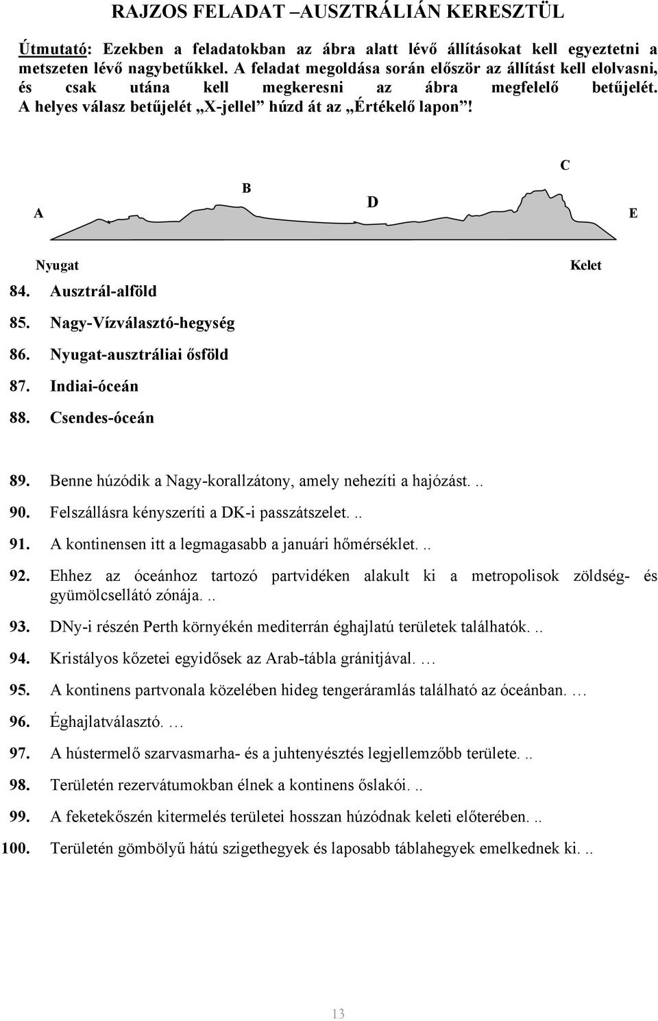 C A B D E Nyugat Kelet 84. Ausztrál-alföld 85. Nagy-Vízválasztó-hegység 86. Nyugat-ausztráliai ősföld 87. Indiai-óceán 88. Csendes-óceán 89.