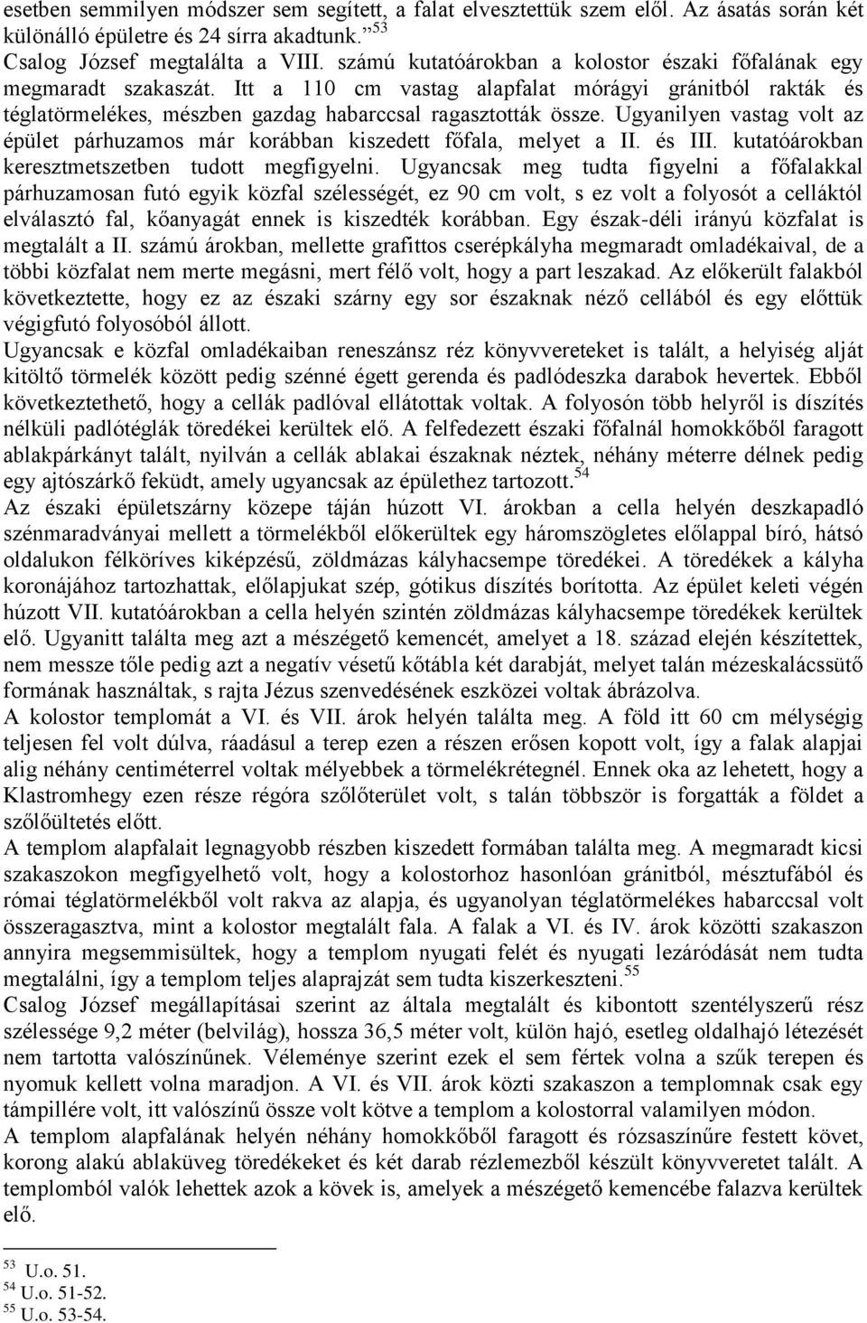 Ugyanilyen vastag volt az épület párhuzamos már korábban kiszedett főfala, melyet a II. és III. kutatóárokban keresztmetszetben tudott megfigyelni.