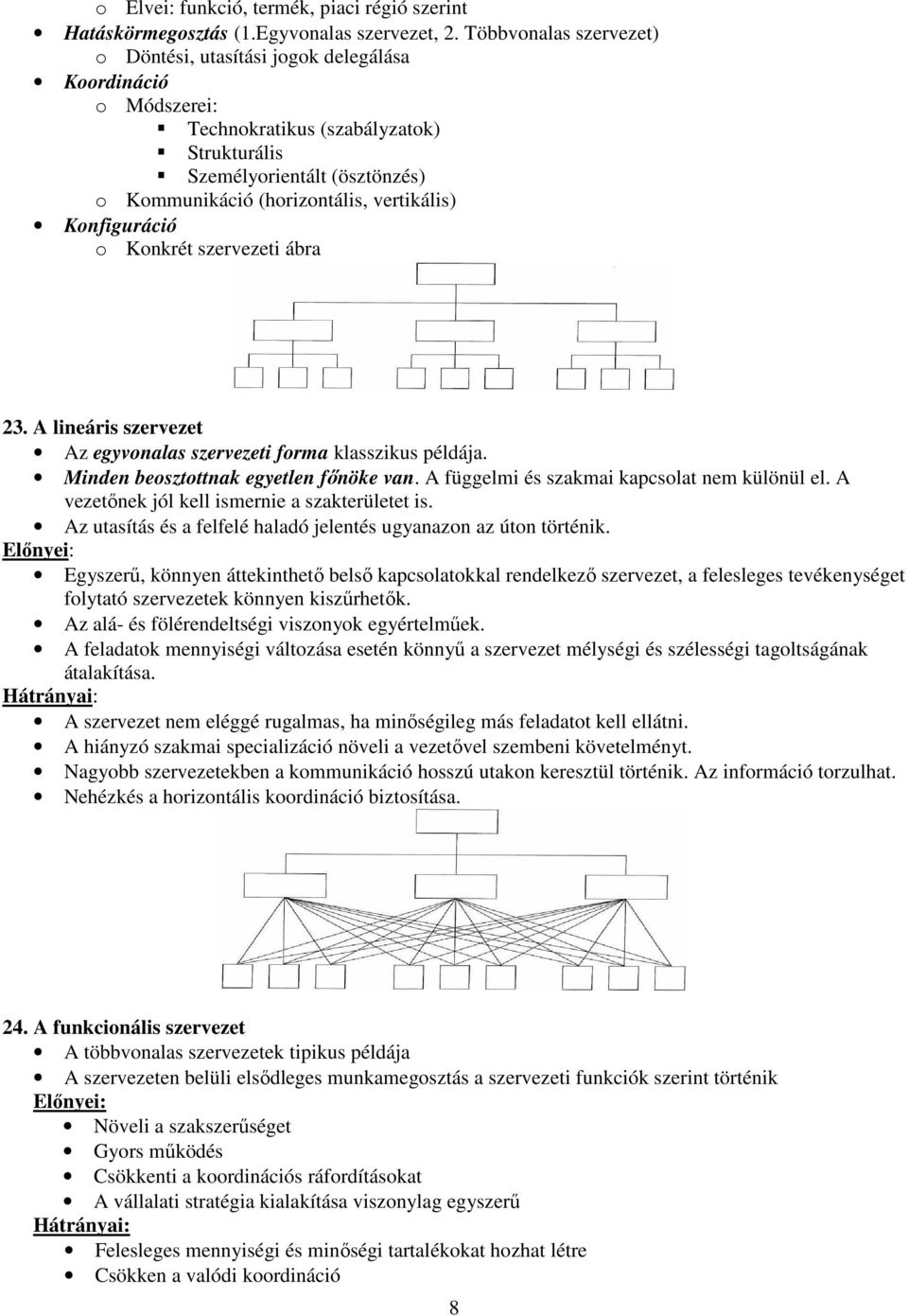 Konfiguráció o Konkrét szervezeti ábra 23. A lineáris szervezet Az egyvonalas szervezeti forma klasszikus példája. Minden beosztottnak egyetlen fınöke van.