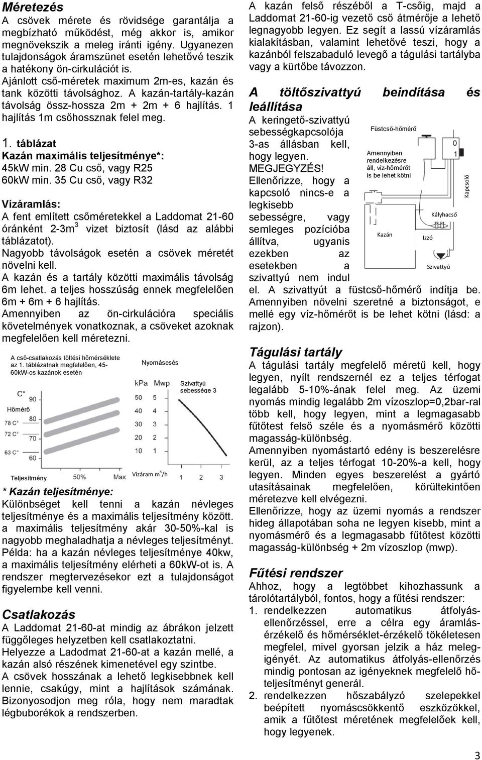 A kazán-tartály-kazán távolság össz-hossza 2m + 2m + 6 hajlítás. 1 hajlítás 1m csőhossznak felel meg. 1. táblázat Kazán maximális teljesítménye*: 45kW min. 28 Cu cső, vagy R25 60kW min.