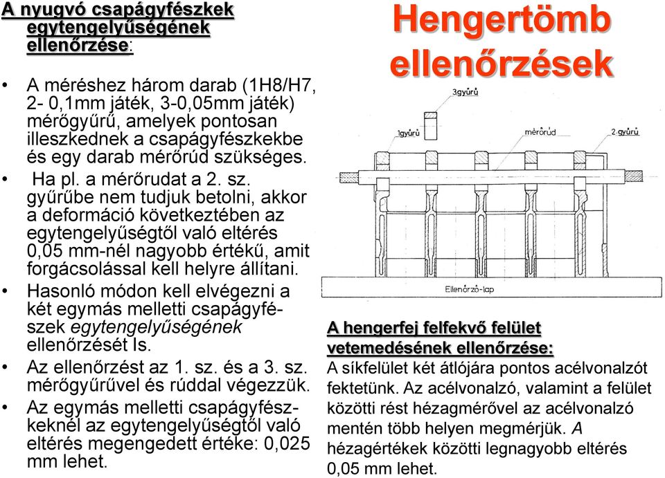 gyűrűbe nem tudjuk betolni, akkor a deformáció következtében az egytengelyűségtől való eltérés 0,05 mm-nél nagyobb értékű, amit forgácsolással kell helyre állítani.