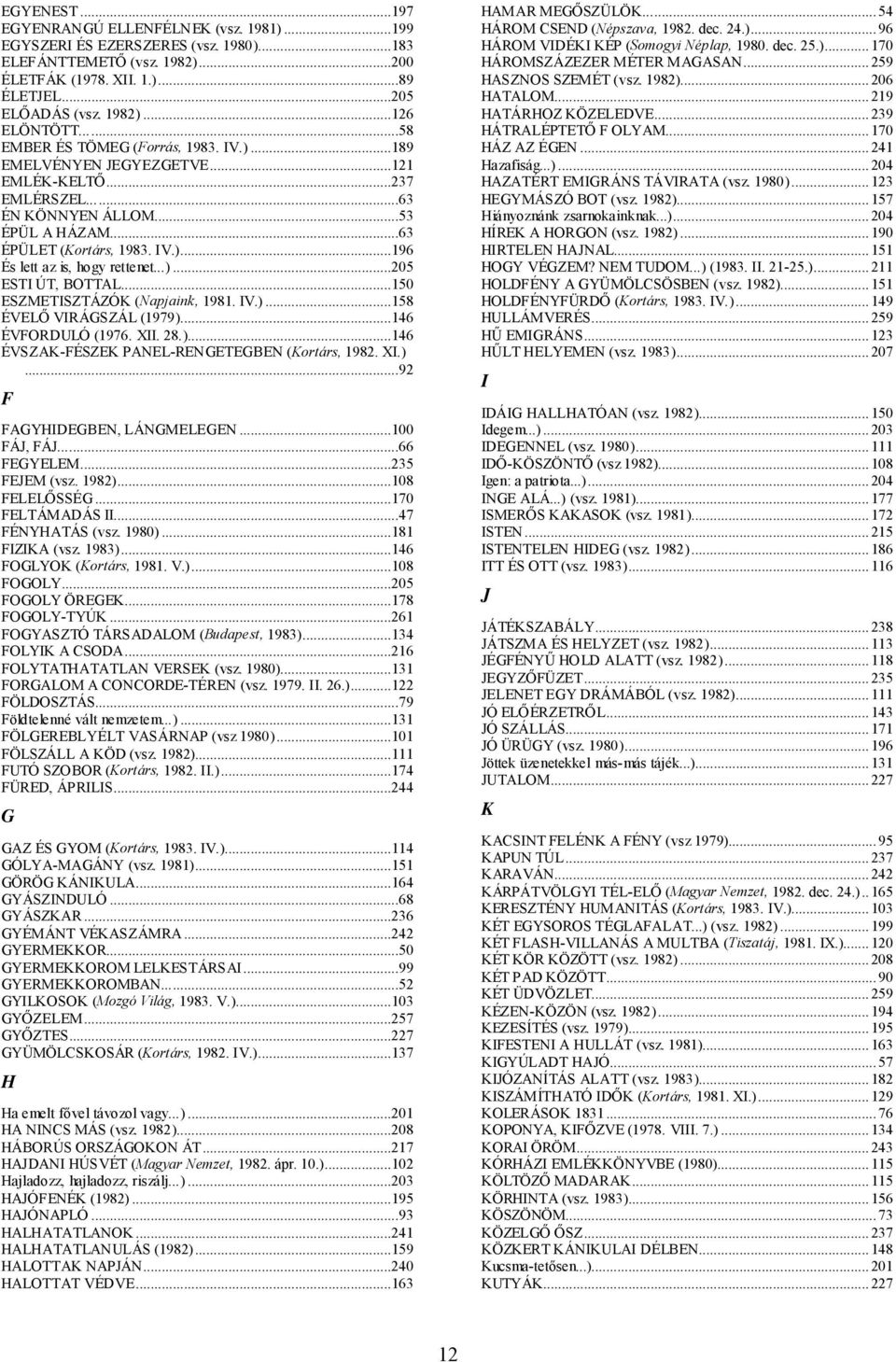 ..)...205 ESTI ÚT, BOTTAL...150 ESZMETISZTÁZÓK (Napjaink, 1981. IV.)...158 ÉVELŐ VIRÁGSZÁL (1979)...146 ÉVFORDULÓ (1976. XII. 28.)...146 ÉVSZAK-FÉSZEK PANEL-RENGETEGBEN (Kortárs, 1982. XI.)...92 F FAGYHIDEGBEN, LÁNGMELEGEN.