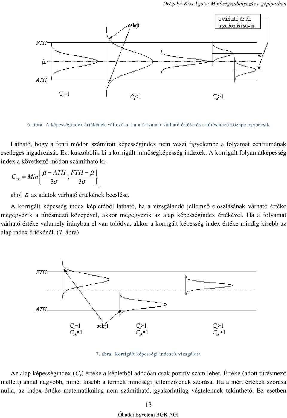 A korrigált folyamatképesség index a következı módon számítható ki: ˆ µ ATH FTH ˆ µ C xk = Min ; 3 ˆ σ 3 ˆ σ, ahol µˆ az adatok várható értékének becslése.