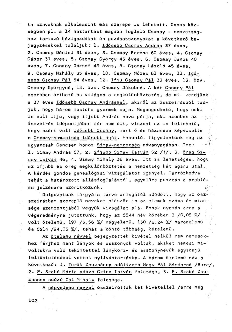 Csomay Ferenc 60 éves, 4. Csomay Gábor 31 éves, 5. Csomay György 43 éves, 6. Csomay Oános 40 éves, 7. Csomay Oózsef 43 éves, 8. Csomay László 45 éves, 9. Csomay Mihály 35 éves, 10.