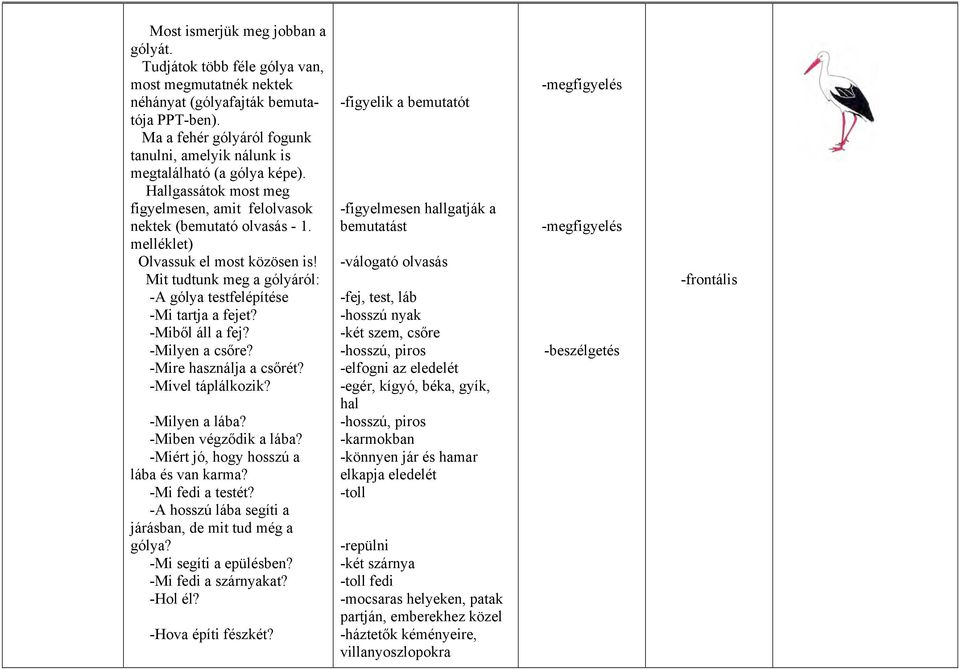 melléklet) Olvassuk el most közösen is! Mit tudtunk meg a gólyáról: -A gólya testfelépítése -Mi tartja a fejet? -Miből áll a fej? -Milyen a csőre? -Mire használja a csőrét? -Mivel táplálkozik?