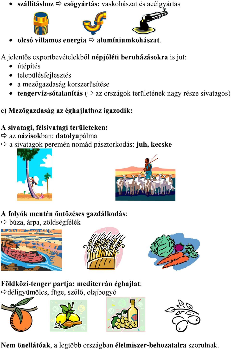 területének nagy része sivatagos) c) Mezőgazdaság az éghajlathoz igazodik: A sivatagi, félsivatagi területeken: az oázisokban: datolyapálma a sivatagok peremén